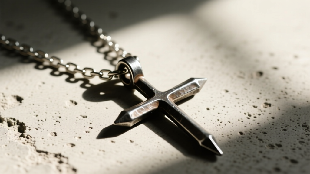 A flat-lay photograph on a concrete surface showing a 5mm stainless steel box chain threaded through the large bail of a heavy, brushed-finish iron nail cross pendant, with soft natural window lighting.