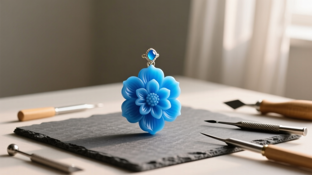 Bright blue casting wax model of a floral pendant on a gray mat beside small carving tools in a softly lit studio.