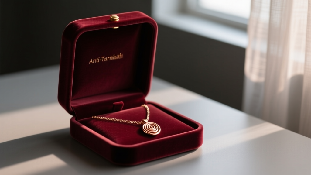 Open anti-tarnish velvet jewelry box displaying a neatly coiled rose gold pendant necklace, stored away from sunlight in a dim room.