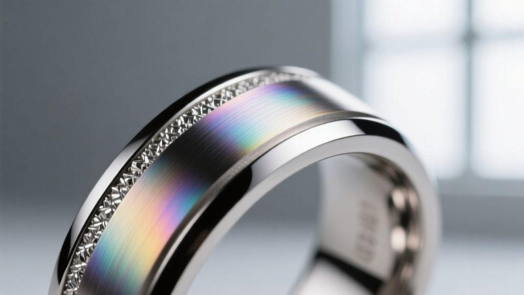 Macro view of 316L steel ring revealing the chromium oxide layer shielding the base iron alloy from moisture and chloride damage.