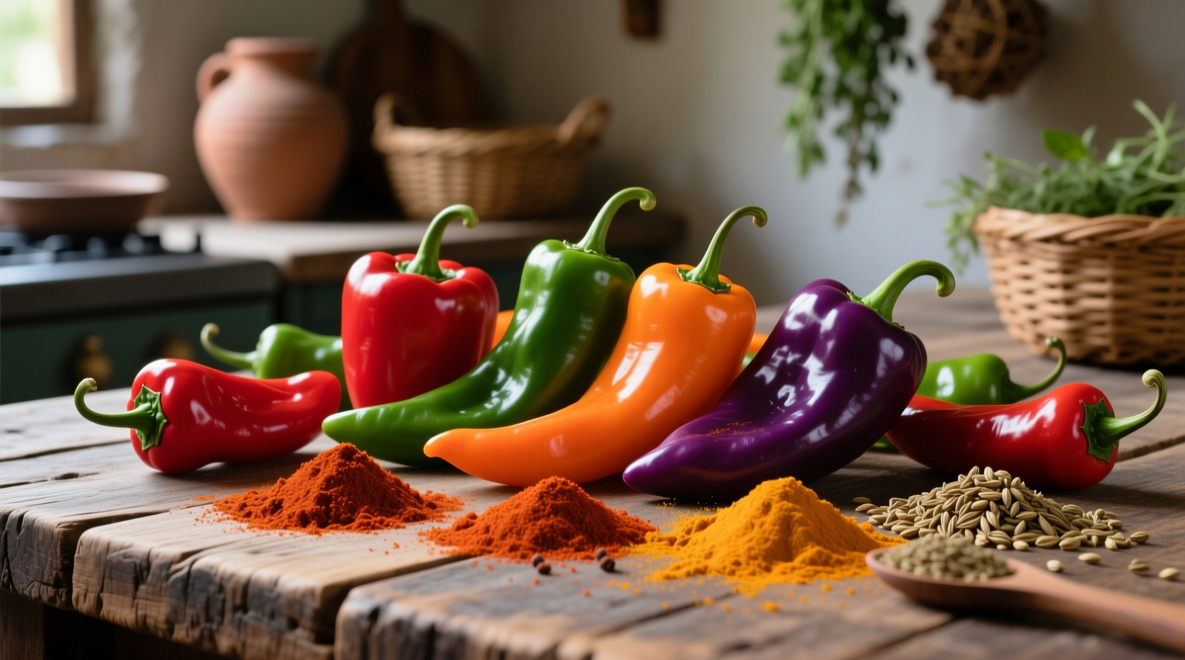 Colorful array of whole chili peppers and ground spices