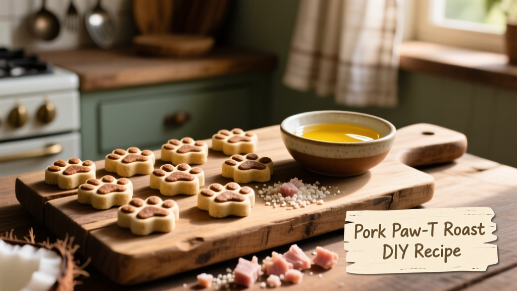 Assortment of paw-shaped treats arranged on a rustic wooden board beside fresh coconut oil and freeze-dried pork bits