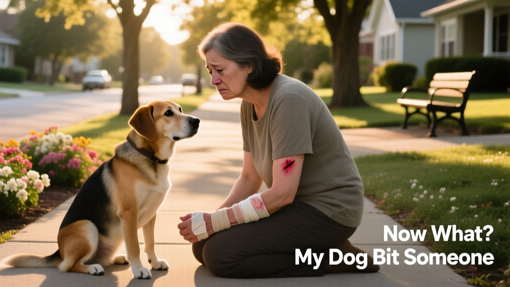 A calm but concerned dog owner kneeling beside their dog, looking at a minor wound on their own hand
