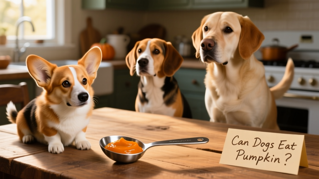 A measuring spoon holding one teaspoon of pumpkin puree beside a small dog, with a medium-sized dog and large dog illustrated nearby for scale
