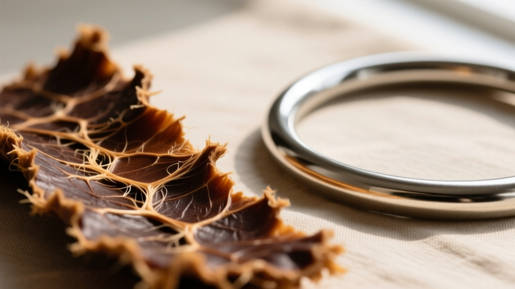 Macro photography of rawhide fiber texture showing the dense untanned corium layer beside a smooth chrome-tanned leather cord for contrast.