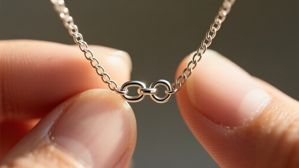 Extreme close-up of a 1mm box chain on a tiny initial necklace showing a miniature 4mm spring ring clasp secured on a finger.