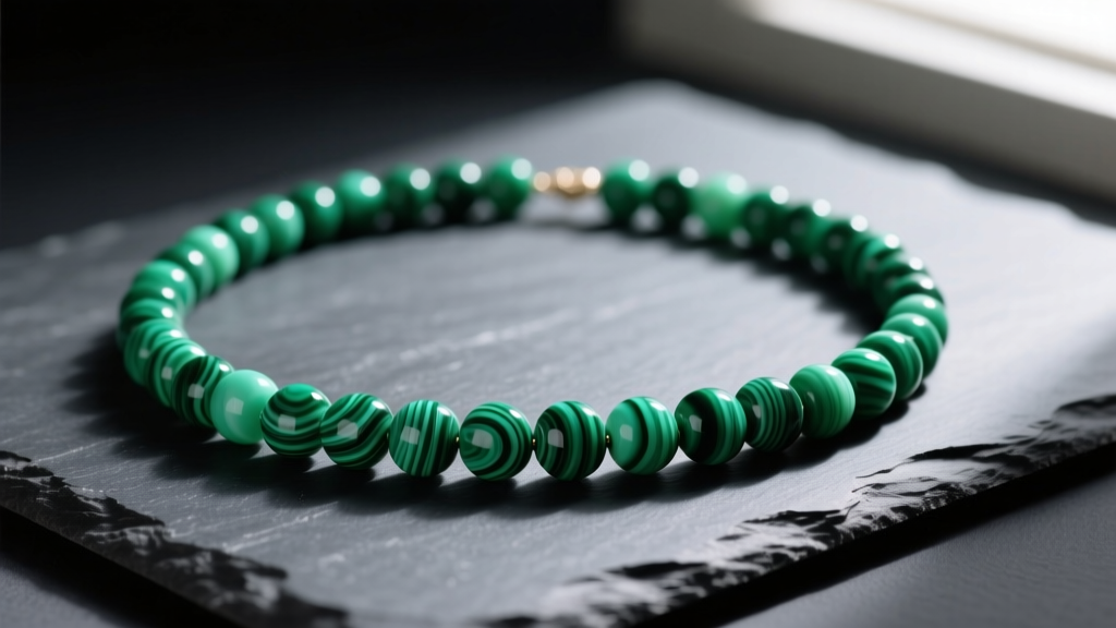 Vibrant green malachite beaded necklace with concentric banding patterns resting on dark slate under soft directional lighting
