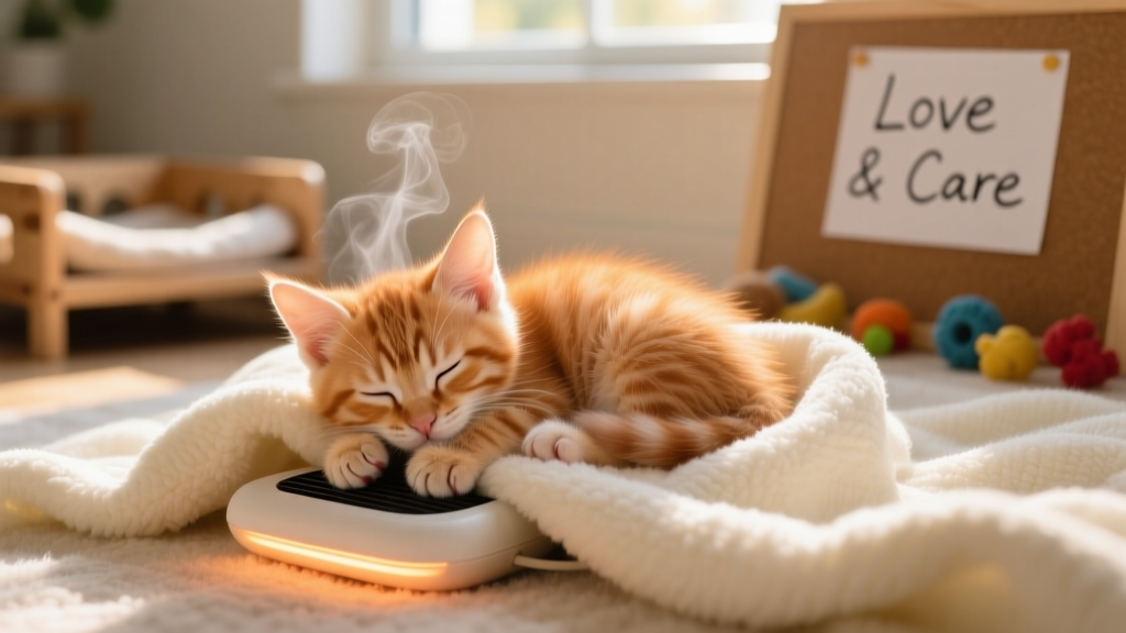 A close-up of a tiny, sleepy kitten nestled on a soft blanket with a heating pad nearby