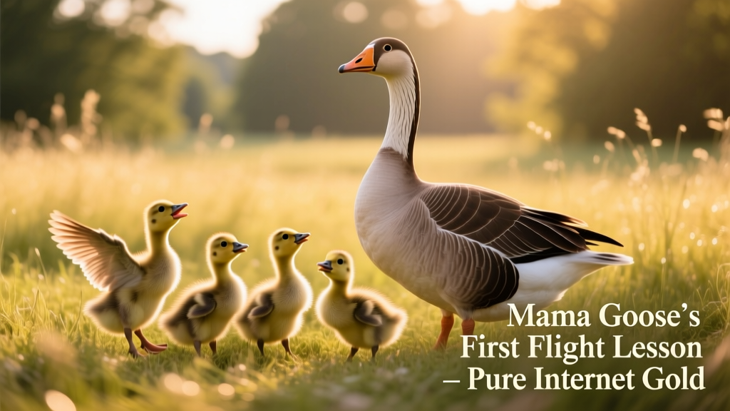 A mama goose standing upright while several goslings gather closely around her, some lifting their tiny wings mid-flap
