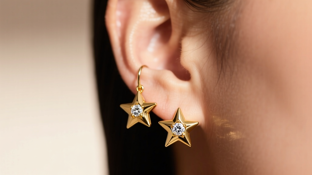 Macro shot of an ear wearing 14k gold star dangle earrings with a tiny zirconia center, illuminated by soft and warm studio lighting.
