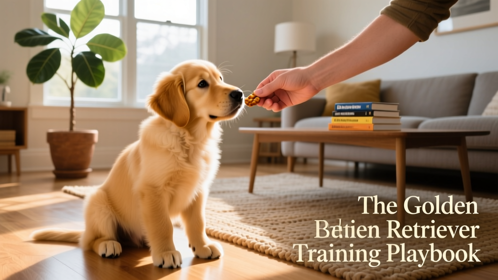 A Golden Retriever puppy gently taking a treat from a hand, eyes soft and body relaxed, in a sunlit living room