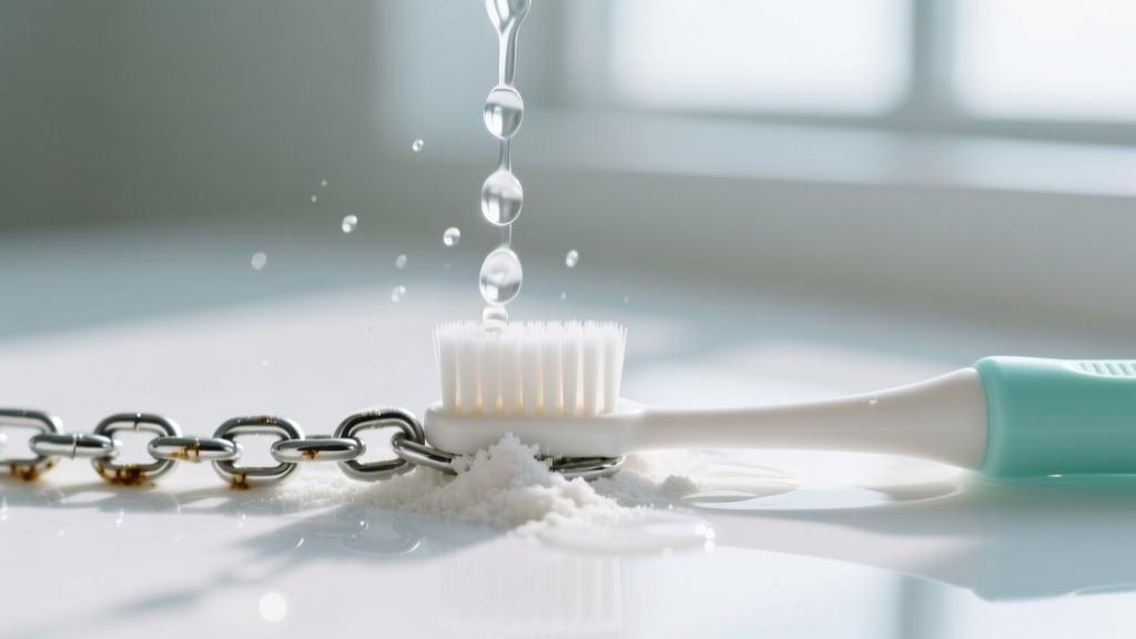 Soft baby toothbrush gently brushing white baking soda residue off a silver chain under a steady, clear stream of distilled water.