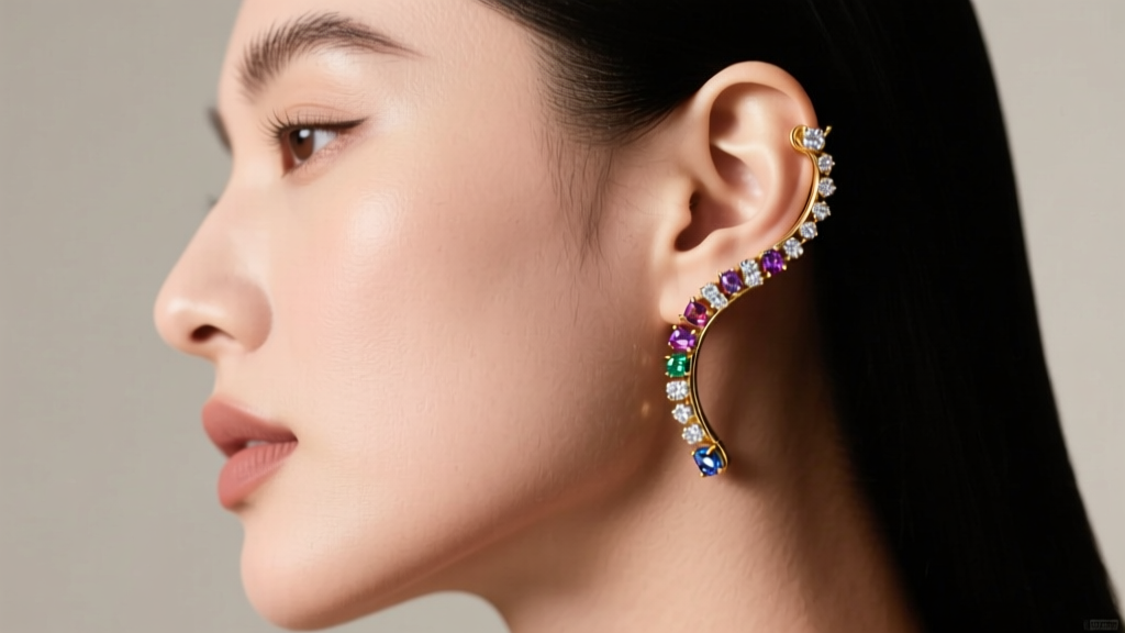 Side profile of model wearing diamond-set gold climber earring, demonstrating perfect alignment with the natural ear lobe curve.
