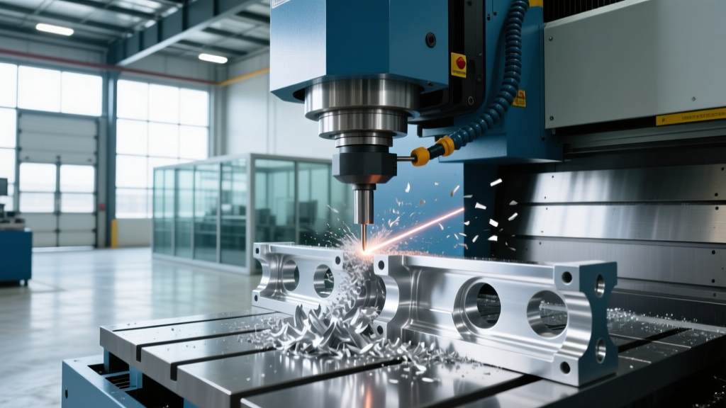 A 5-axis Computer Numerical Control milling machine cutting an aluminum aerospace bracket inside a modern Georgia manufacturing facility.