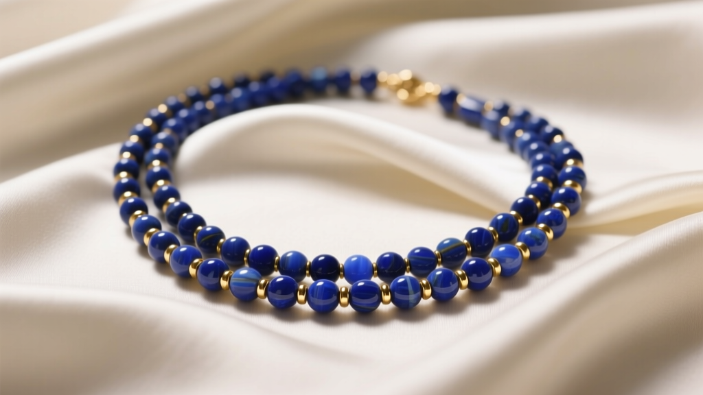 A three strand beaded necklace of blue lapis lazuli and gold spacers draped over cream silk, soft studio lighting