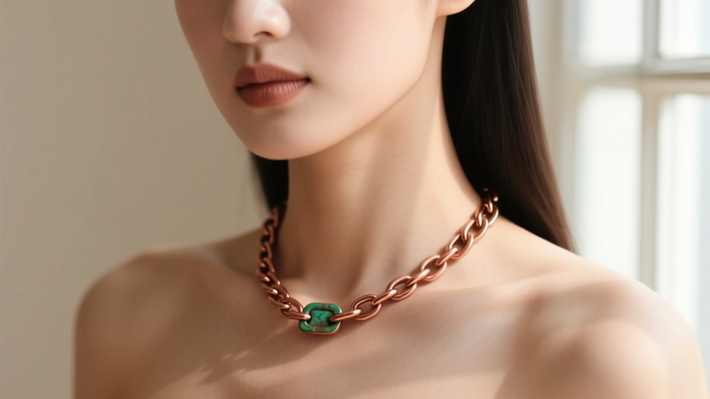Person wearing a solid copper chain necklace, showing a slight green tint on the collarbone skin near the clasp