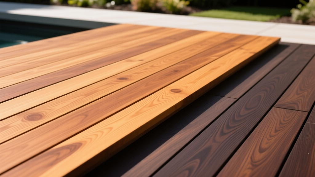 Freshly stained cedar deck boards with visible wood grain contrasting next to dark ipe hardwood decking in bright sunlight.