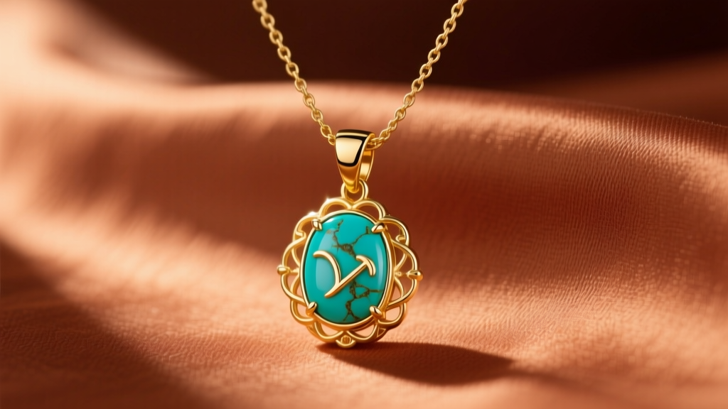 A 14k yellow gold Sagittarius necklace with a bezel-set turquoise cabochon pendant resting on a warm terracotta fabric background