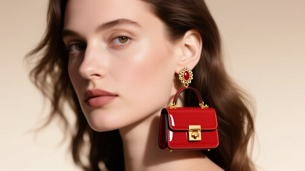 Profile of a woman wearing a miniature red enamel satchel handbag earring, soft lighting highlighting the tiny gold clasp detail