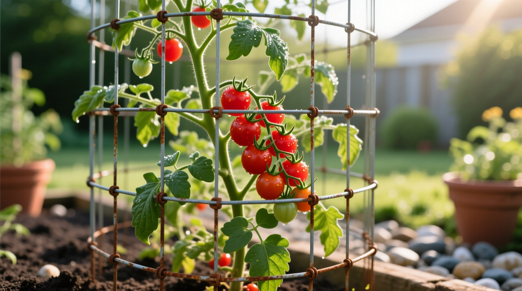 Cherry tomato plant growing through properly sized cage