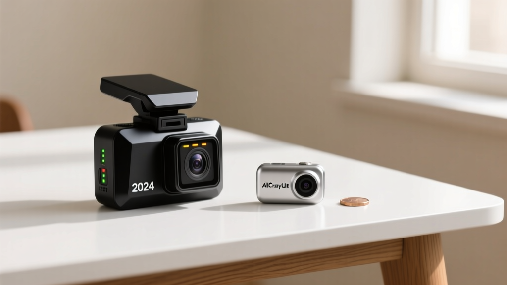 Side-by-side footprint comparison showing a bulky 2024 dash cam next to the tiny AllCrazyUlt micro-cam on a minimalist desk
