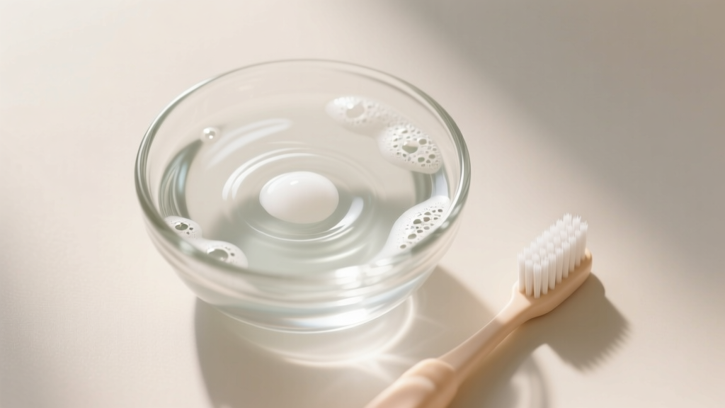 Top-down view of a small glass bowl containing lukewarm water and mild soap, with a soft-bristled baby toothbrush beside it.