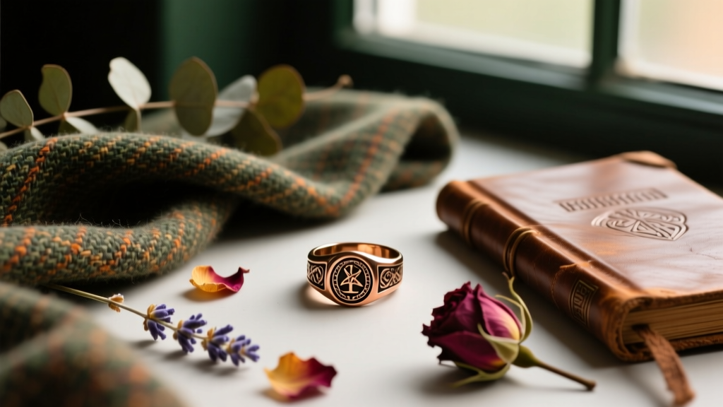 Flat lay of dark academia styling featuring a phosphor bronze signet ring, tweed fabric, dried botanicals, and antique leather