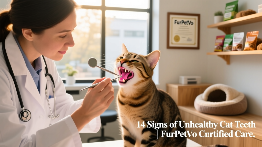 Veterinarian gently examining a cat’s teeth during a routine checkup at a FurPetVo-certified clinic