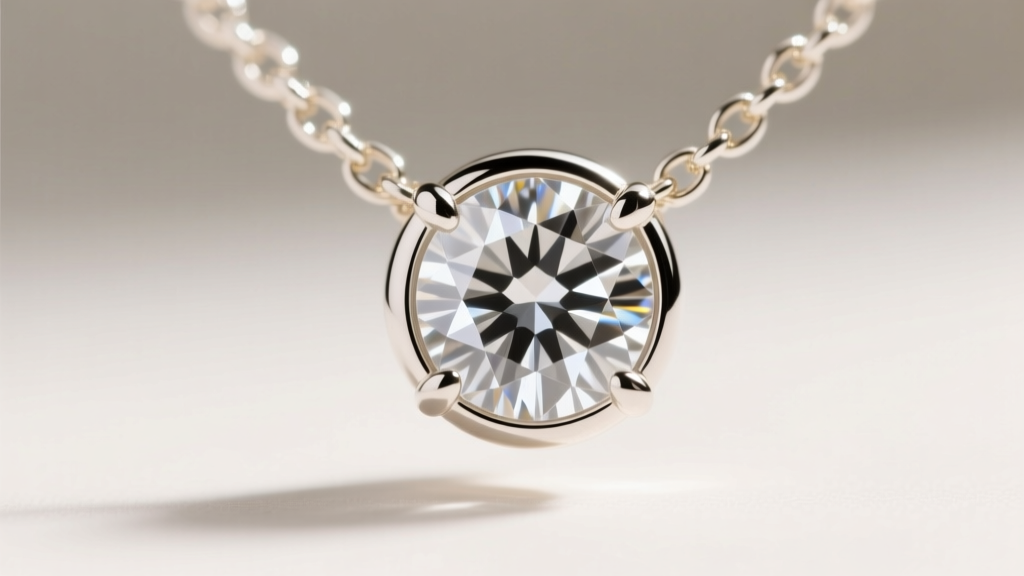 Macro shot of a bezel-set round melee diamond on a white gold chain, displaying crisp facet reflections and polished metal edges.