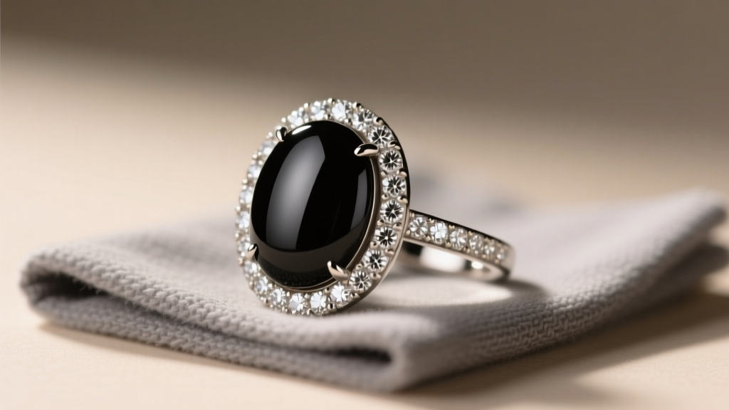 Luxury ring with a smooth black onyx cabochon and pave diamonds resting on a soft gray microfiber polishing cloth in warm light.