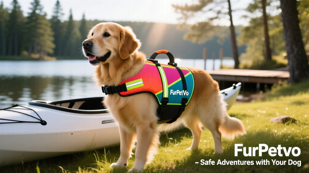 Close-up of a dog wearing a brightly colored FurPetVo dog life jacket with sturdy handle and reflective trim, standing confidently beside a kayak on grass
