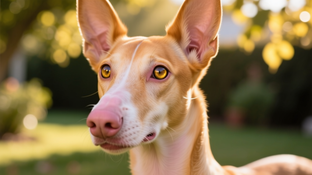 Close-up portrait of a Pharaoh hound showing its expressive eyes, pink-tinted nose, and smooth, glossy coat