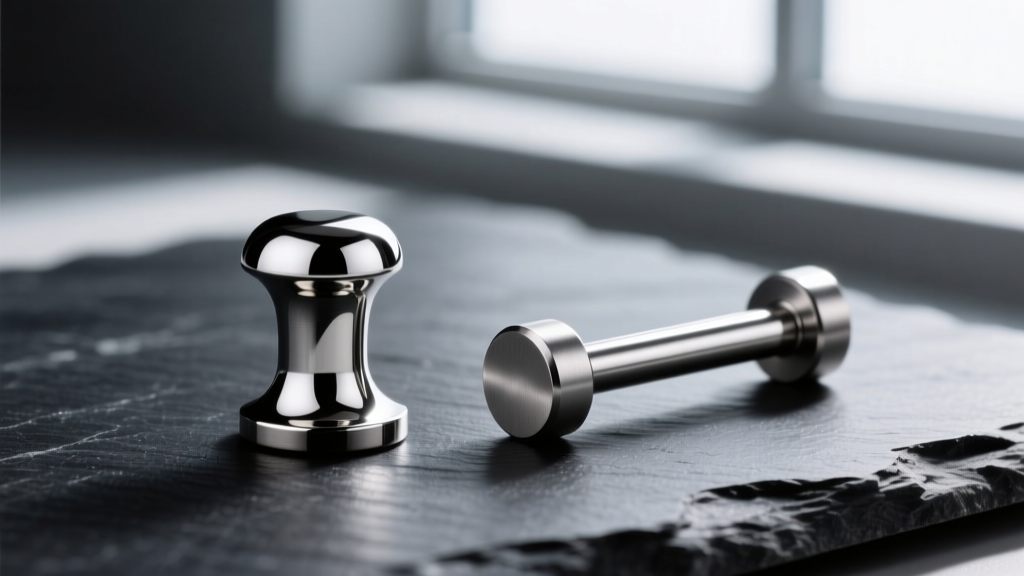 Macro photo comparing a mirror-polished ASTM F-136 titanium labret stud against a dull 316L surgical steel barbell on dark slate