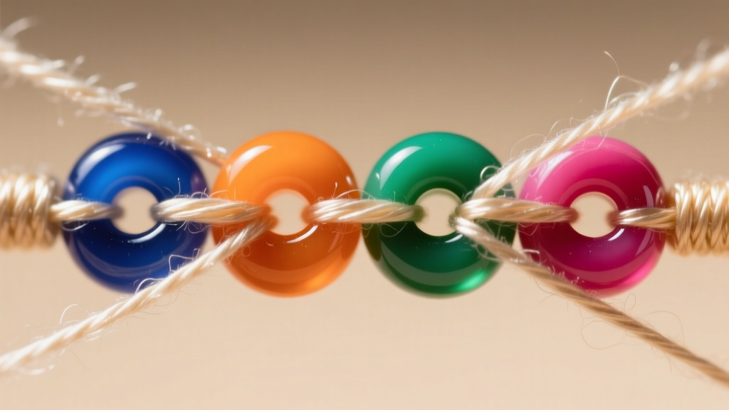 Close-up of waxed cotton thread and C-Lon nylon passing through the holes of colorful Mexican seed beads during assembly.