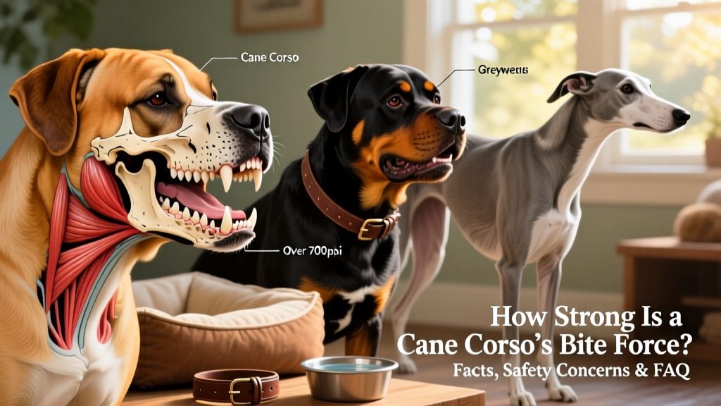 Illustration comparing jaw anatomy of a Cane Corso, Rottweiler, and Greyhound, highlighting muscle mass and jaw leverage