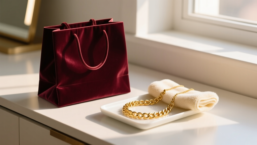 Vanity table displaying a velvet shopping bag, a 14k gold necklace, and a soft polishing cloth illuminated by warm morning light.