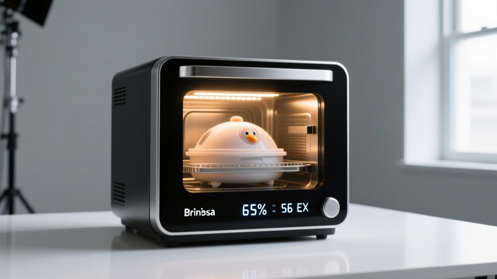 Brinsea Ovation 56 EX smart incubator glowing with internal LED light and digital humidity display showing 65 percent