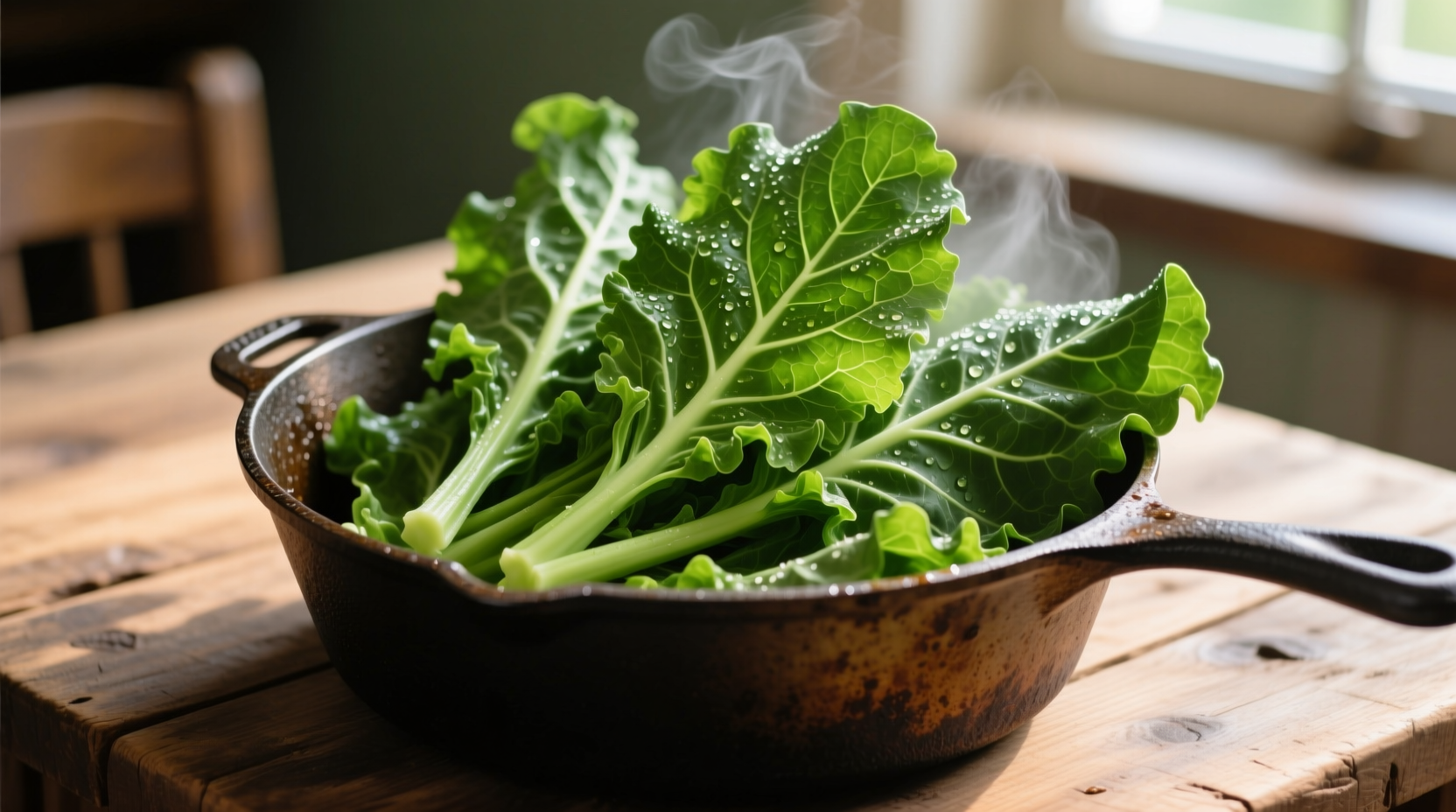 Vibrant green collard greens in cast iron pot