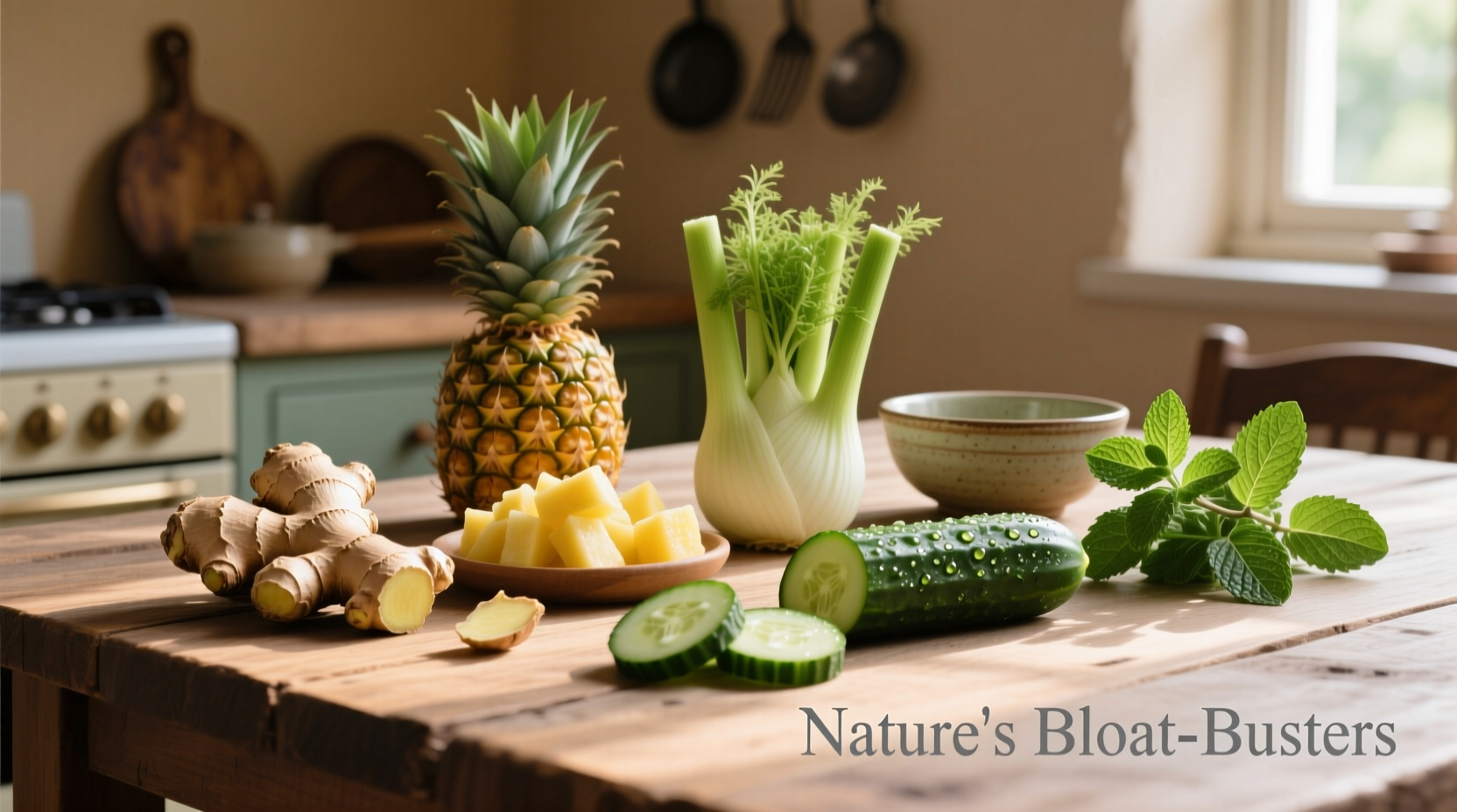 Five natural anti-bloating foods on wooden table