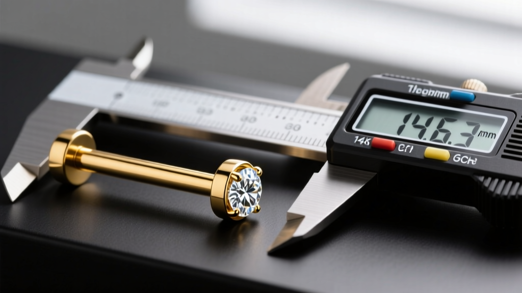 Side view of a 14k solid gold threadless VCH barbell with a diamond end next to a digital caliper measuring 14 gauge thickness