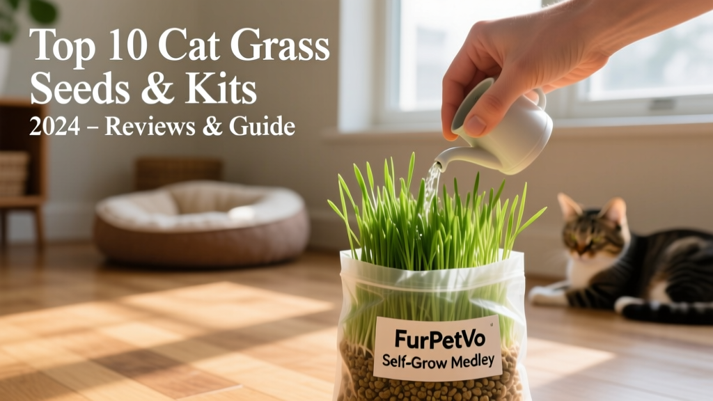 A hand watering a FurPetVo Self-Grow Medley bag showing tender green shoots pushing through the top opening