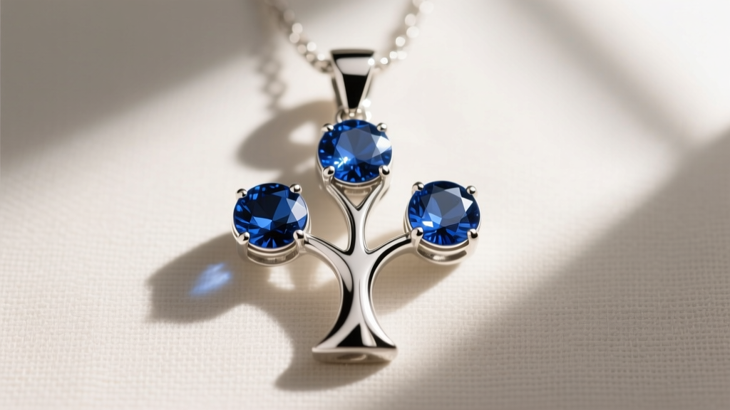 Custom family tree pendant featuring three bezel-set round sapphire birthstones on a neutral linen background with soft shadows.