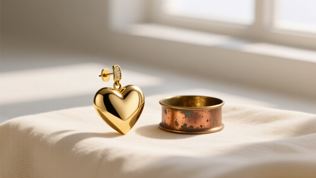 Gold vermeil elevated heart earring beside a tarnished brass one, resting on cream linen cloth under bright, natural window light.