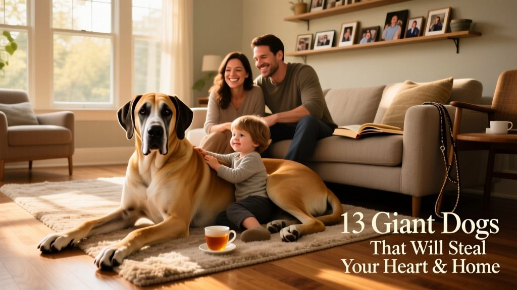 A gentle giant dog resting calmly beside a family on a spacious living room floor