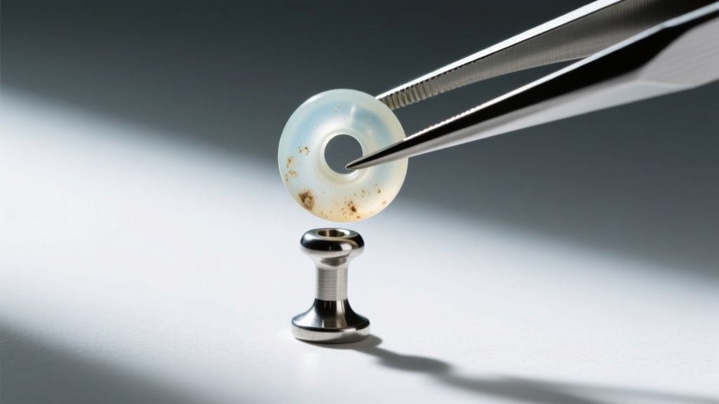Close-up of a worn, discolored clear silicone earring push back being removed from a steel stud post with precision tweezers