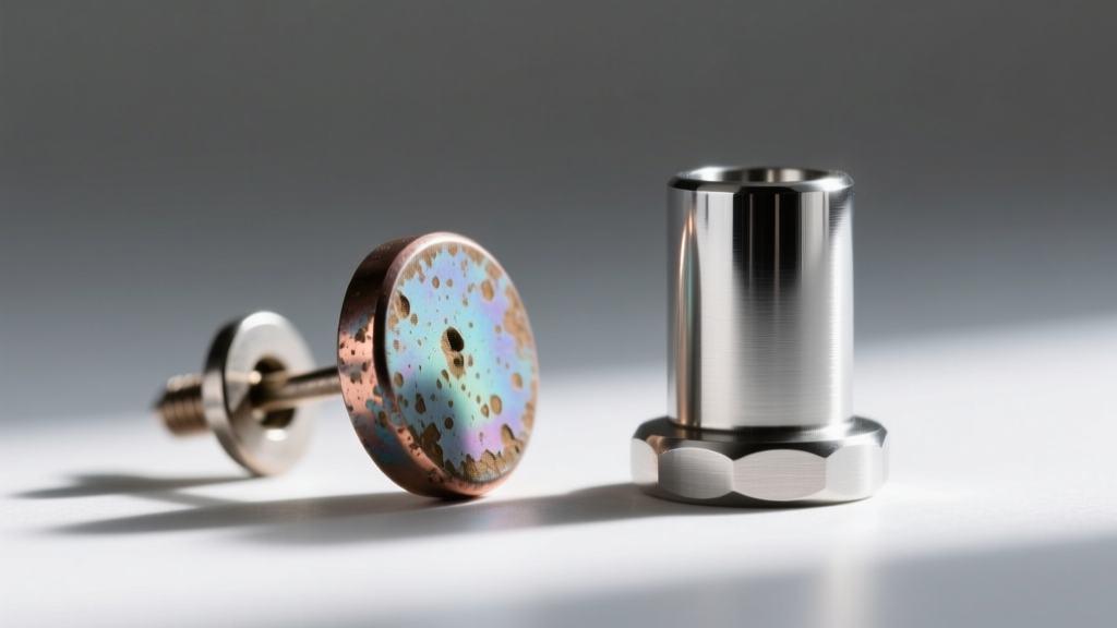 Macro shot of a tarnished zinc alloy earring post beside a polished surgical steel post, highlighting surface pitting.