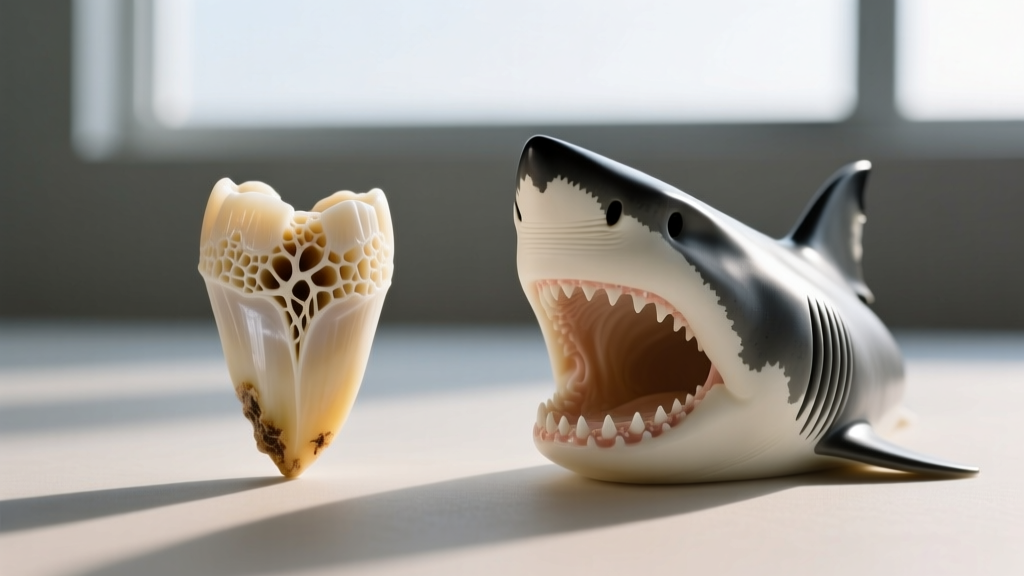 Comparison of a real tiger shark tooth showing root pores and a polyurethane resin replica with visible mold seam lines