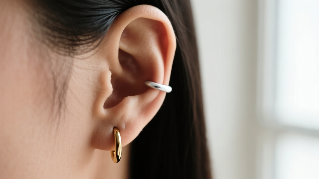 Side profile of a pierced ear featuring a 16-gauge white gold continuous hoop in the helix cartilage, captured with a macro lens.