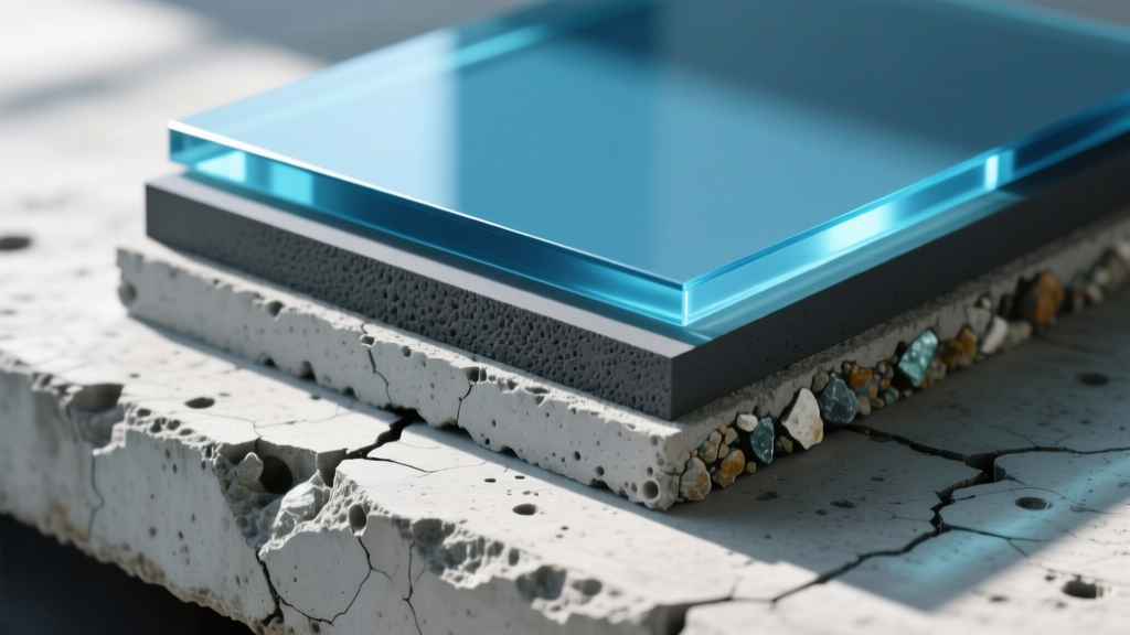 Cross-section diagram of an epoxy concrete coating system showing primer, base coat, and polyurethane topcoat layers on a textured slab