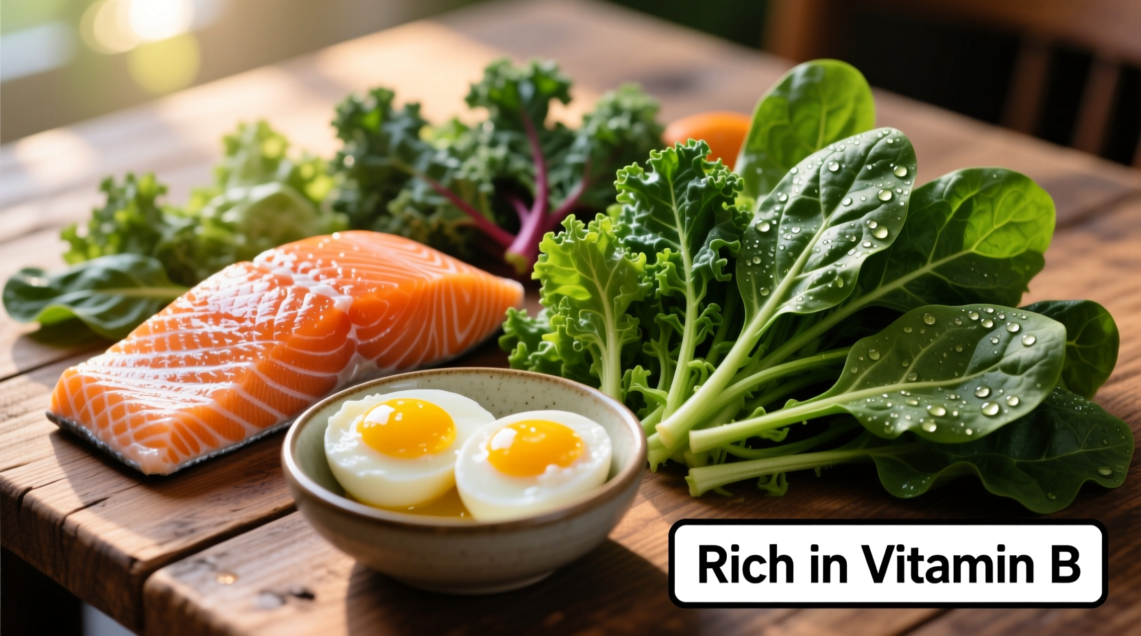 Colorful assortment of vitamin B rich foods including salmon, eggs, and leafy greens